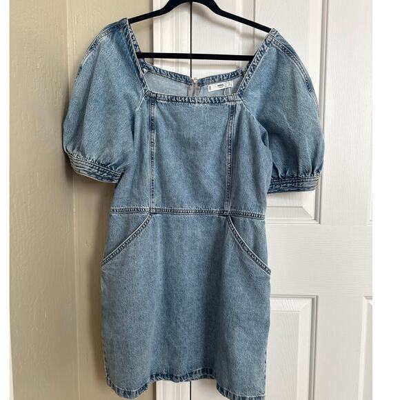 MNG Mango‎ Puff Sleeve Denim Jean Mini Dress Square Neckline 6 - Picture 3 of 7